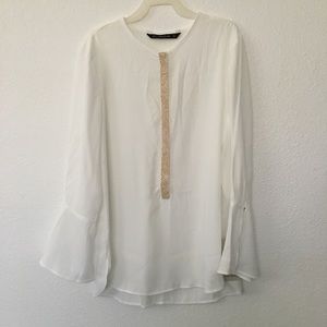 ZARA Blouse with Bejeweled Appliqué, Off-White, XS